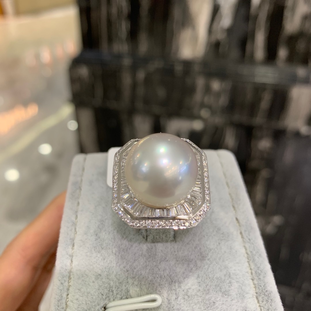 15.5MM natural south sea pearl ring 18K white gold with diamond genuine jewelry luxury fine women jewelry classic top quality