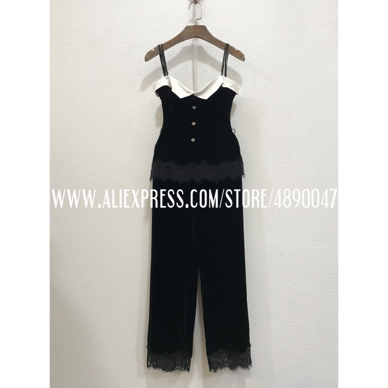 Sexy off-shoulder suspender top + trousers black suit High-quality women's lace stitching casual fashion two-piece suit