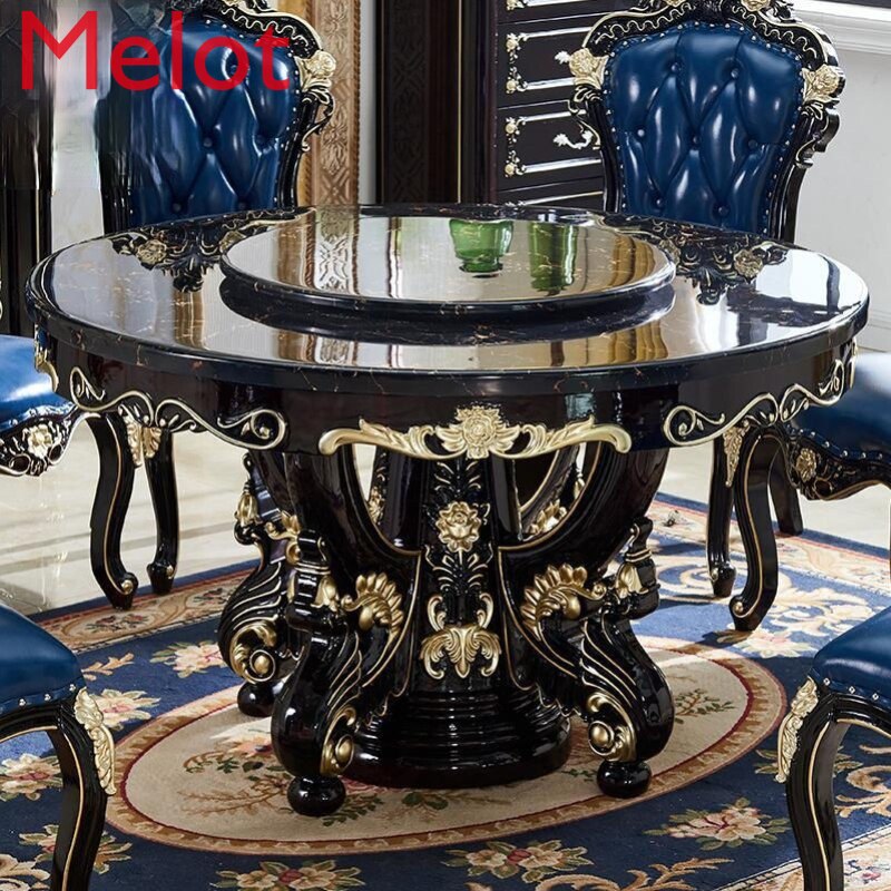 Luxury Dining Table Solid Wood Large round Table Marble Dining Tables and Chairs Set Carved