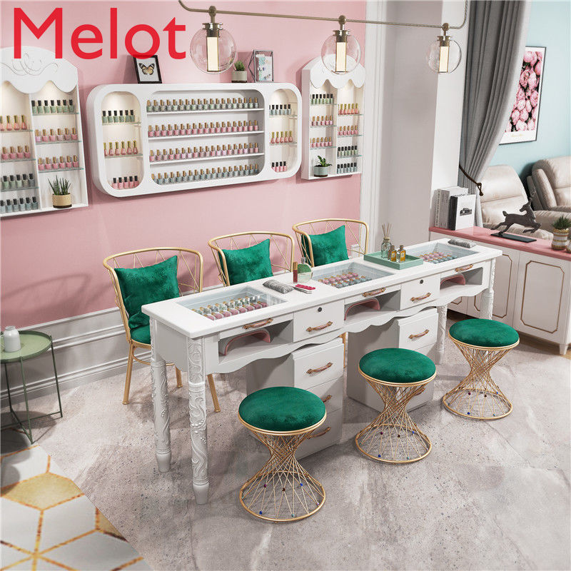 High-End Luxury European-Style White Table and Chair Set Double Single Double Layer Glass Surface Nail Shop Workbench