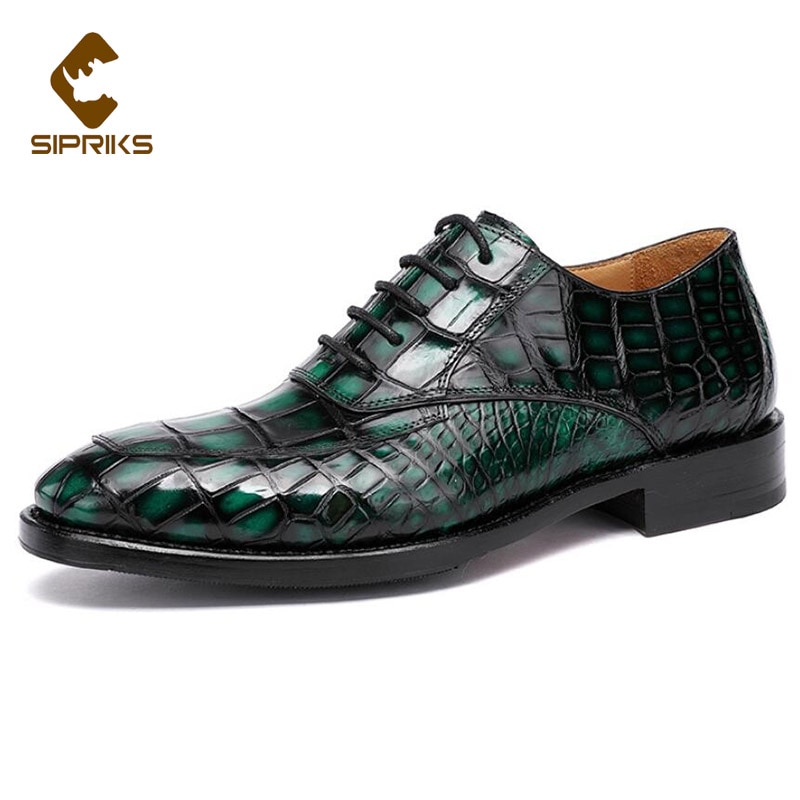 Sipriks Luxury Brand Men's Dress Shoes Original Crocodile Skin Italian Handmade Goodyear Welted Shoes Green Alligator Leather 46