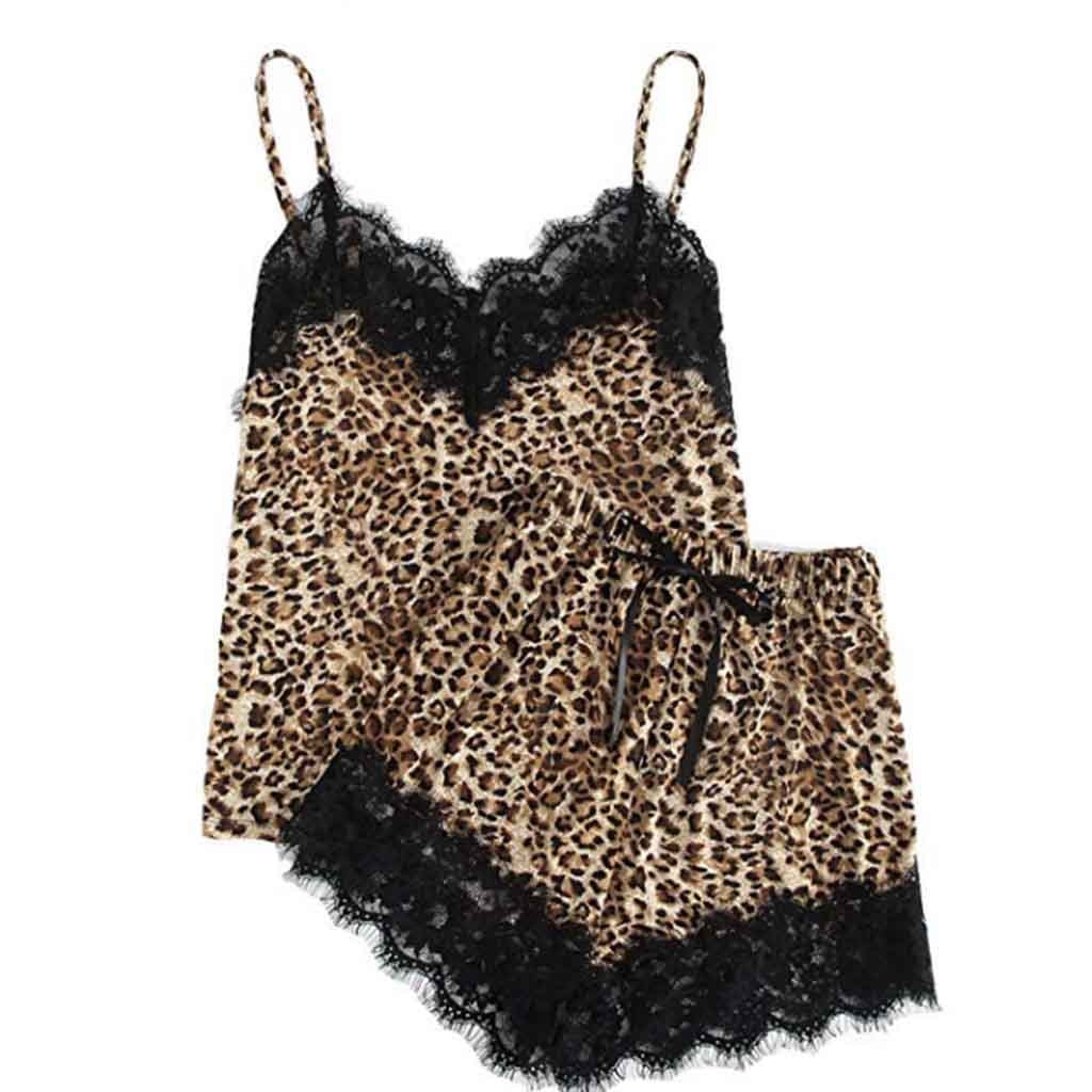 Sexy Sleepwear Set Sling Sleepwear Lingerie Lace Leopard Print Underwear And Shorts Pajama Set Bayan Gecelikler