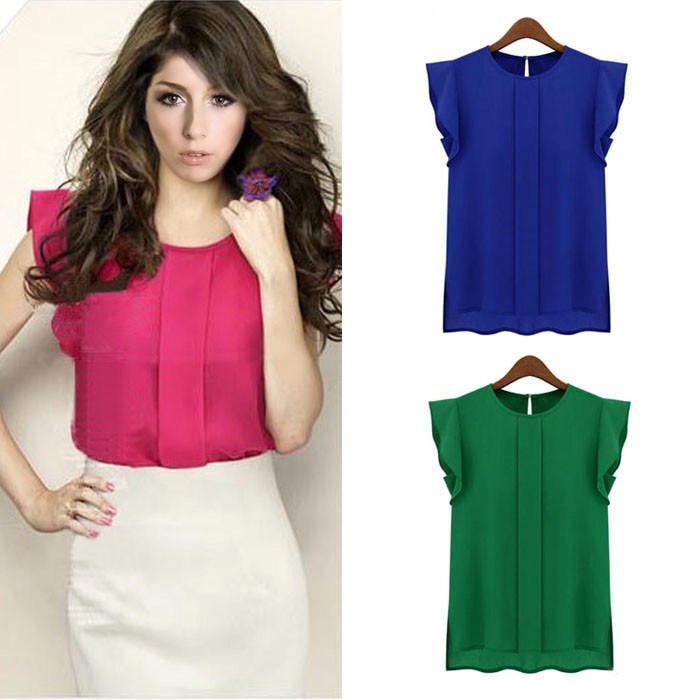 Women Summer Elegant Blouse Office Lady Solid Short Sleeve Chiffon Shirt Ruffle Top Camisas Femininas