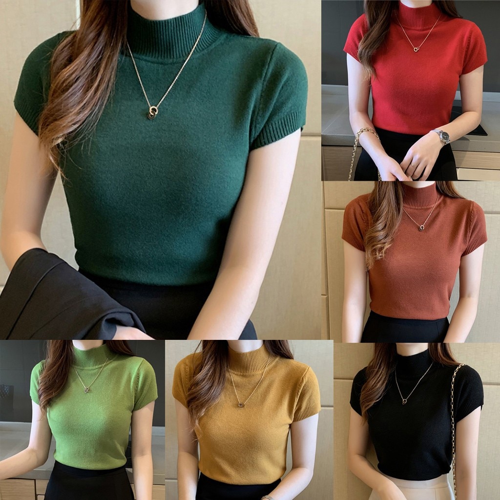 T-shirts Women 2021 Summer Knitted Tees Plain O-neck Solid Knitted Short Sleeve T-shirts 2021 Summer Casual T-shirt Womem