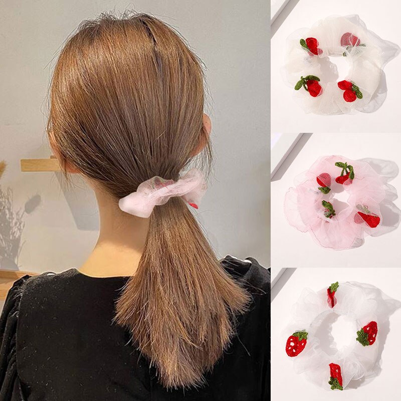 2021 Sweet Embroidered Scrunchie Cherry Strawberry Organza Hair Rope Gauze Fruit Print Women Elastic Hair Bands Hair Accessories