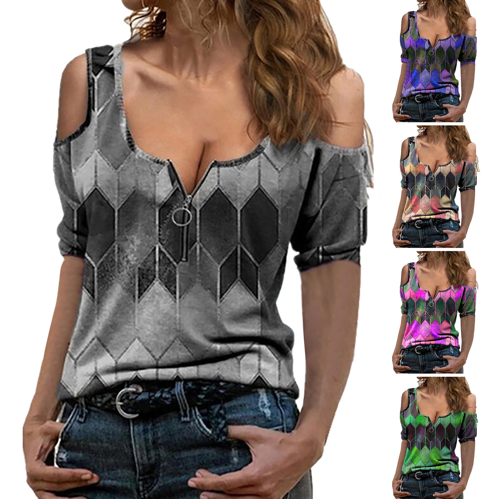 Fashion Women's Short Sleeve Blouse Sexy Deep V-neck Low-cut Zipper Off Shoulder Tops Summer Casual Women Clothing Blous Camisa