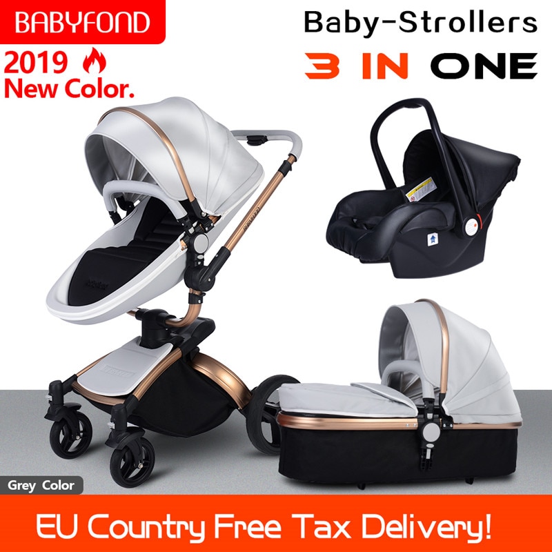 3 in 1 Golden frame baby stroller folding two-way push luxury high landscape baby carriage with car seat