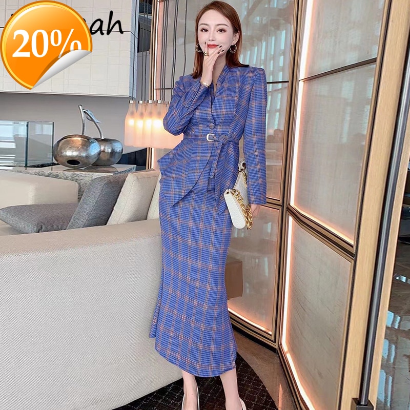 2021 New women Fashion Runway skirt Set Long arm Thin jacket + High waist pressure Thick Midi skirt 2-piece suits