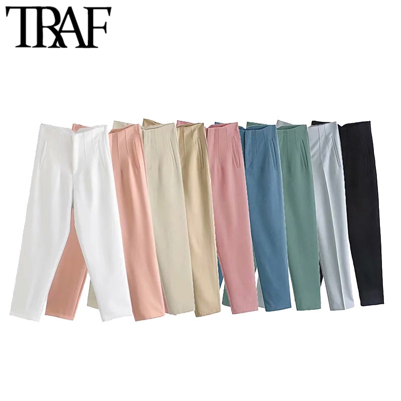 TRAF Women Chic Fashion With Seam Detail Office Wear Pants Vintage High Waist Zipper Fly Female Ankle Trousers Mujer