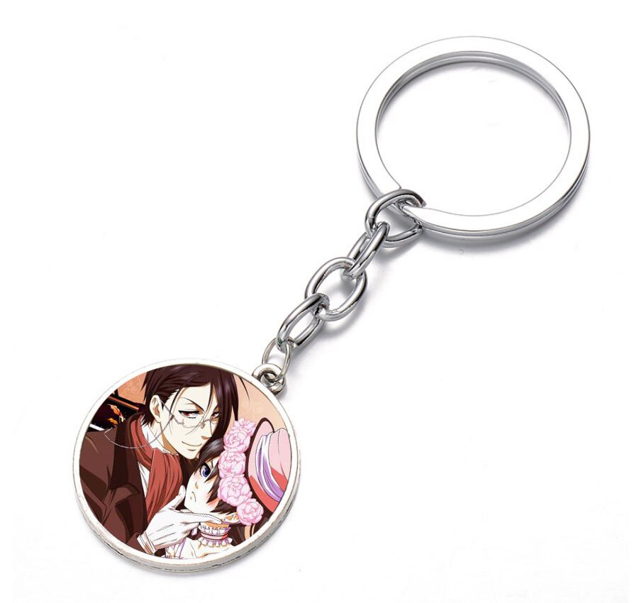 Japan anime Black Butler Keychain Glass Dome Key Chain Bag Charm Bronze Silver black Keyring Holder Kids boys girl Gift Pendant