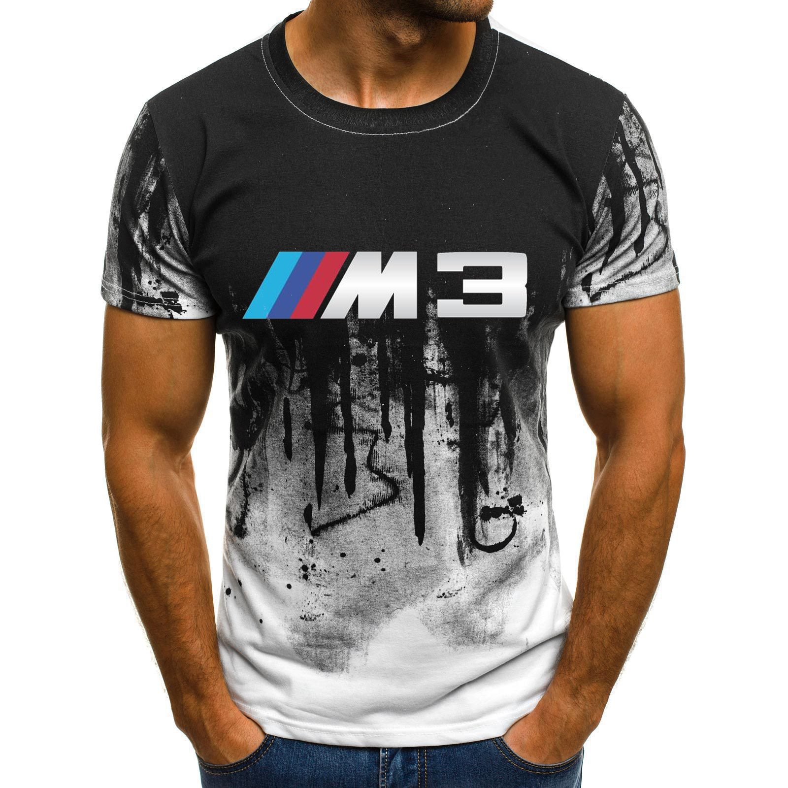 Fashion new style European and American style ink 3D printing T-shirt men's casual shirt O large size family parent-child wear