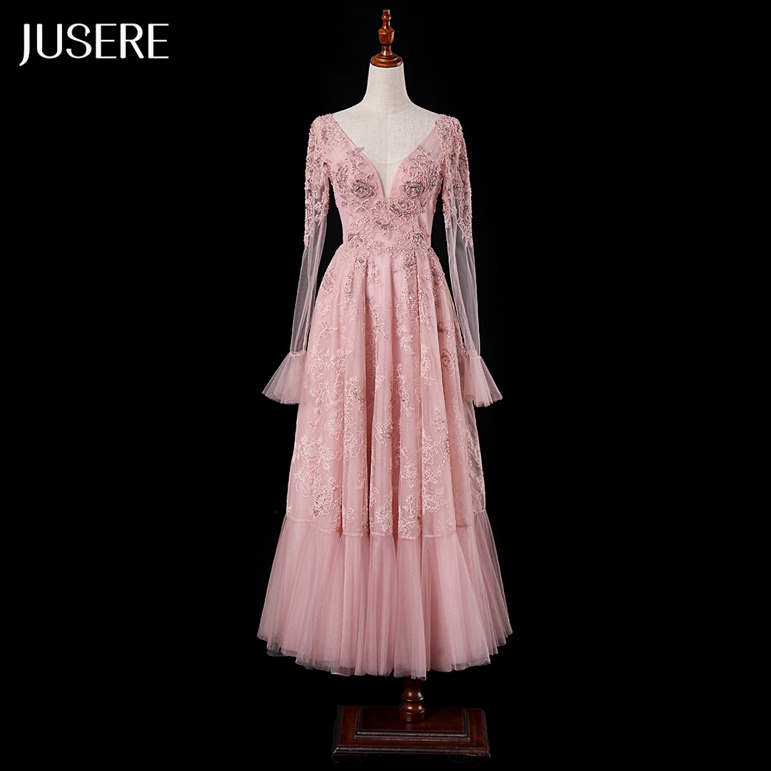 Pink Beads Evening Dress Tulle Ankle-length Party dress with V-neck A-line Long Sleeves evening gown
