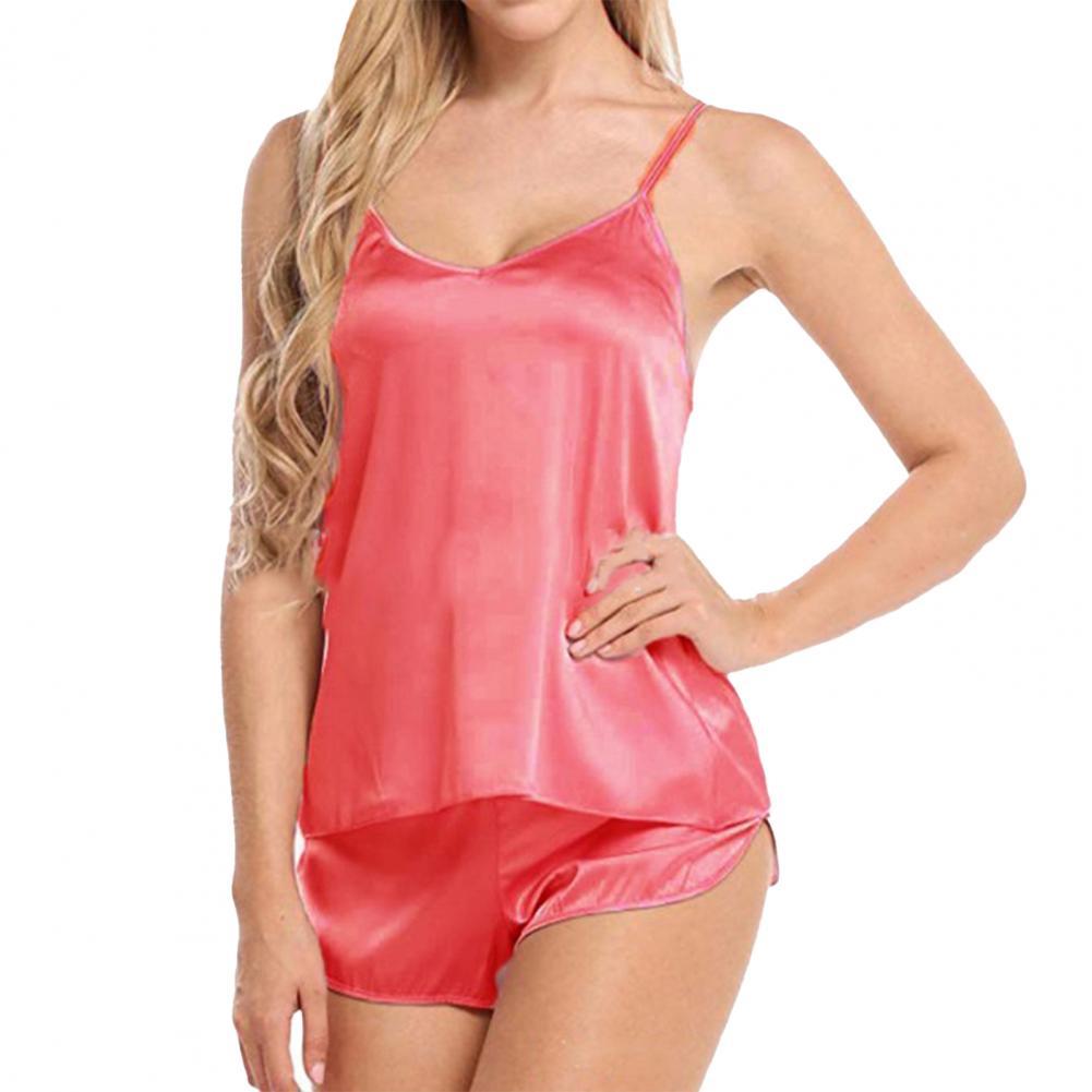 Pajama Set 2 Piece Solid Color Women Spaghetti Strap V Neck Sleepwear V neck spaghetti strap sleeveless sleepwear set