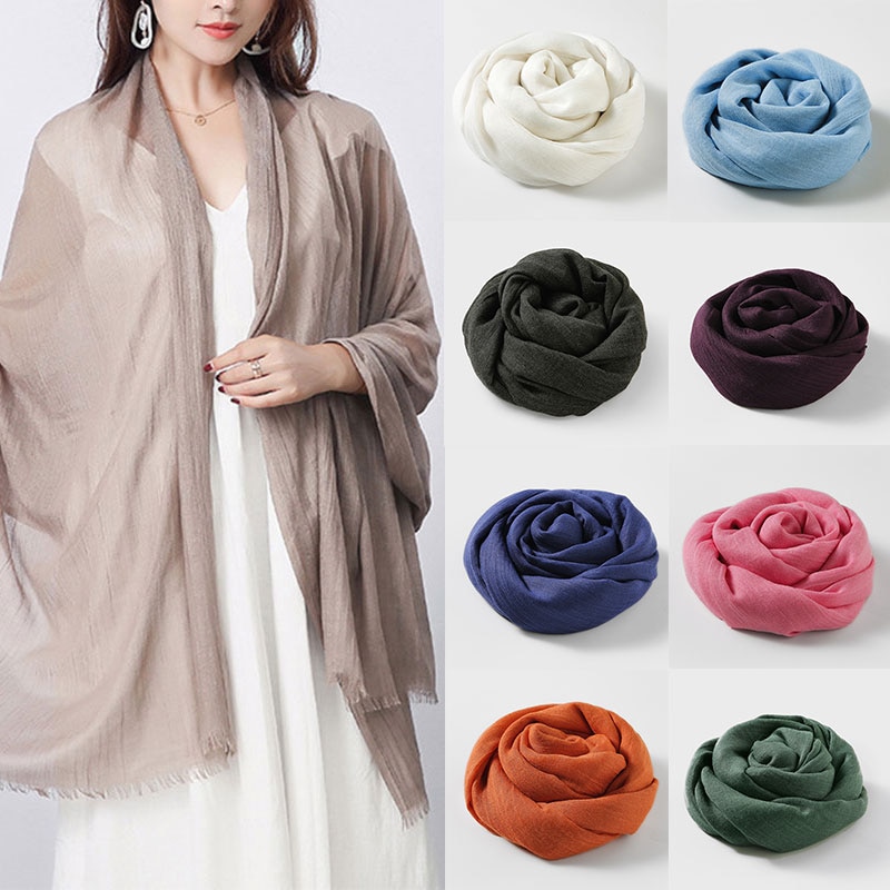 Women Pure Color Cotton Linen Silk Scarf Soft Lady Bandanas Sunscreen Long Shawl Solid Color Summer Sunscreen Beach Towel Shawl