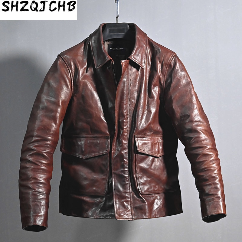 JCHB 2021 Vintage Genuine Leather Jacket Men Real Horsehide Leather Coat Spring Autumn Motorcycle Luxury Jackets Erkek Mont KJ4