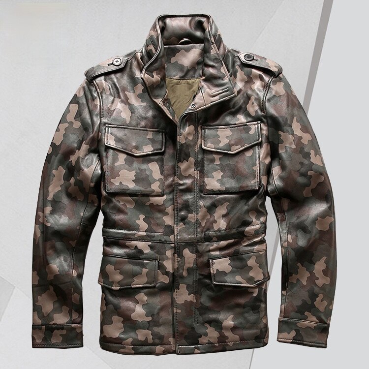 Camouflage Leather Jacket Men's Direct Supply Stand-up Collar Multi-pocket Casual Sheepskin Leather Jacket Leather Jacket