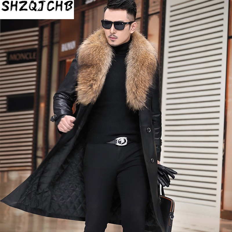 JCHB 2021 Genuine Leather Jacket Men Cowhide Coat Long Winter Male Jacket Raccoon Dog Fur Collar Cotton Liner Hommes Veste Park