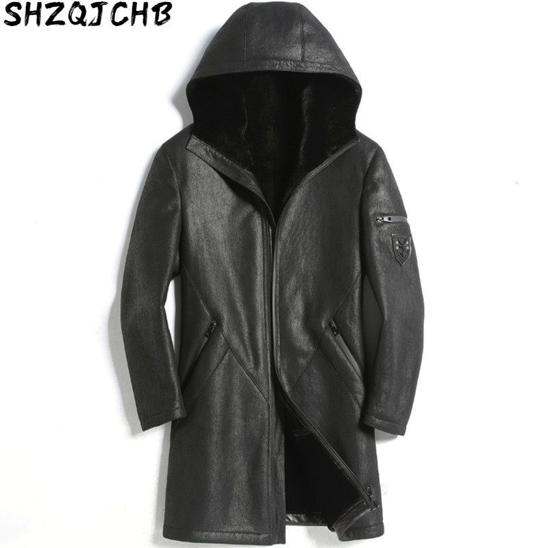 JCHB 2021 Real Fur Coat Men Sheep Shearing Winter Coat Men Genuine Leather Jacket Men Hooded Jacket for Mens Clothes Casaco 1817