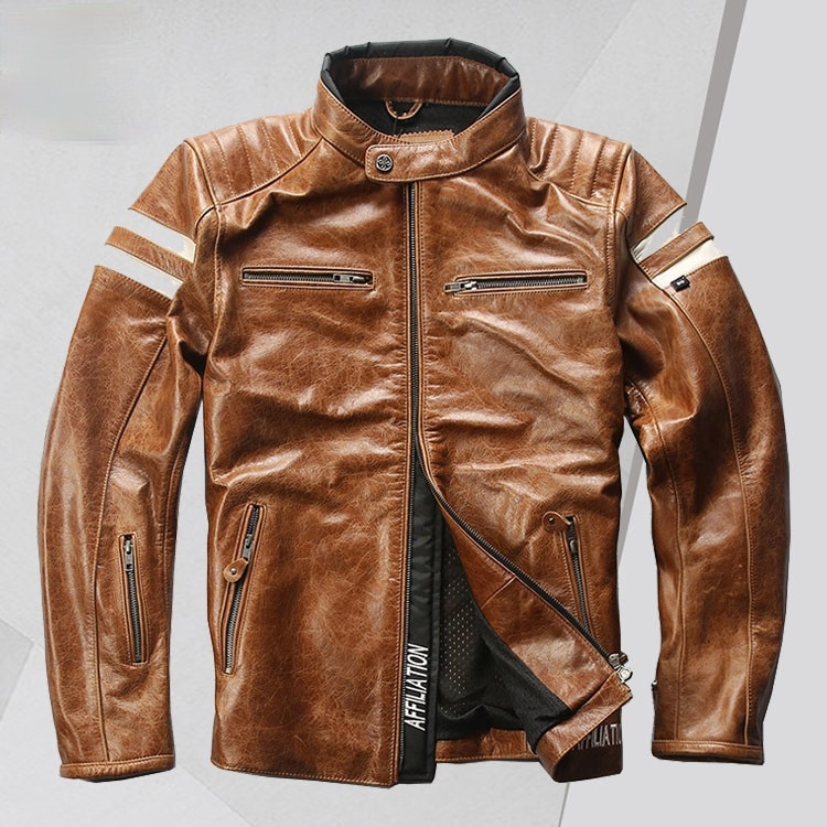 2021 New Stand Collar Top Layer Cowhide Leather Coat Men's Motorcycle Factory Direct Supply Two Horizontal Strips Leather Jacket