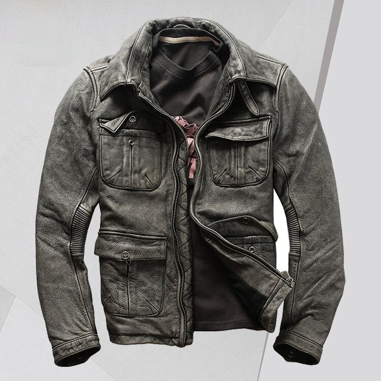 Distressed Cowhide Leather Coat Men's Factory Direct Supply Leather Jacket Shimo Washed Multi-pocket Leather Coat Men Clothing