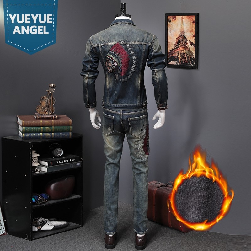 New Women Winter Warm Men Set Vintage Slim Embroidery Punk Long Sleeve Jaqueta Masculina Denim Pant Man 2 Piece Set Plus Size