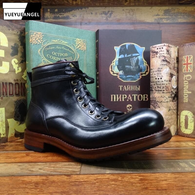 Brand Mens Work Safety Genuine Leather Ankle Boot Round Toe Lace Up Autumn Winter New Vintage Black Cowhide Cowboy Boots