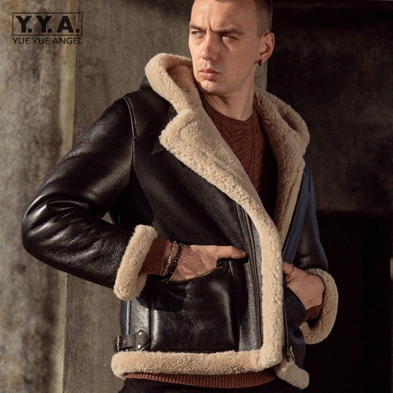 Mens Real Fur Winter Thick Warm Wool Liner Motorcycle Jacket Shearling Hooded Genuine Leather Jackets Fashion Men Sheepskin Coat