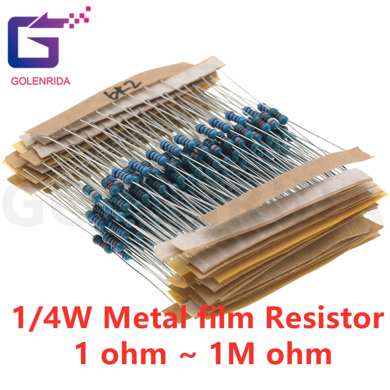 100pcs 1/4W Metal film resistor 1R ~ 1M 100R 220R 330R 1K 1.5K 2.2K 3.3K 4.7K 10K 22K 47K 100K 100 220 330 1K5 2K2 3K3 4K7 ohm