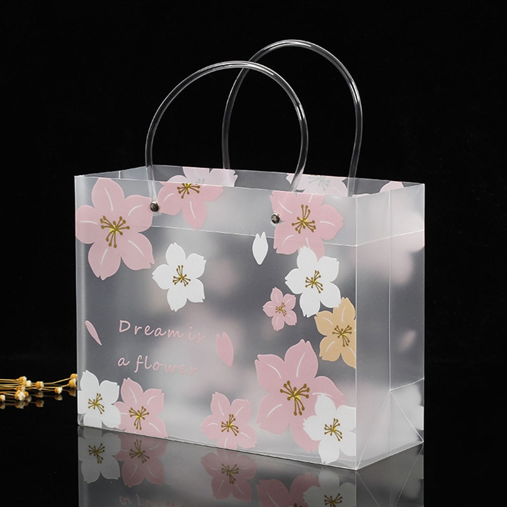 1pcs Portable Cherry Blossom Pp Wear-resistant Waterproof Frosted Transparent Gifts Bag Handbag Shopping Bag Packaging Bag New