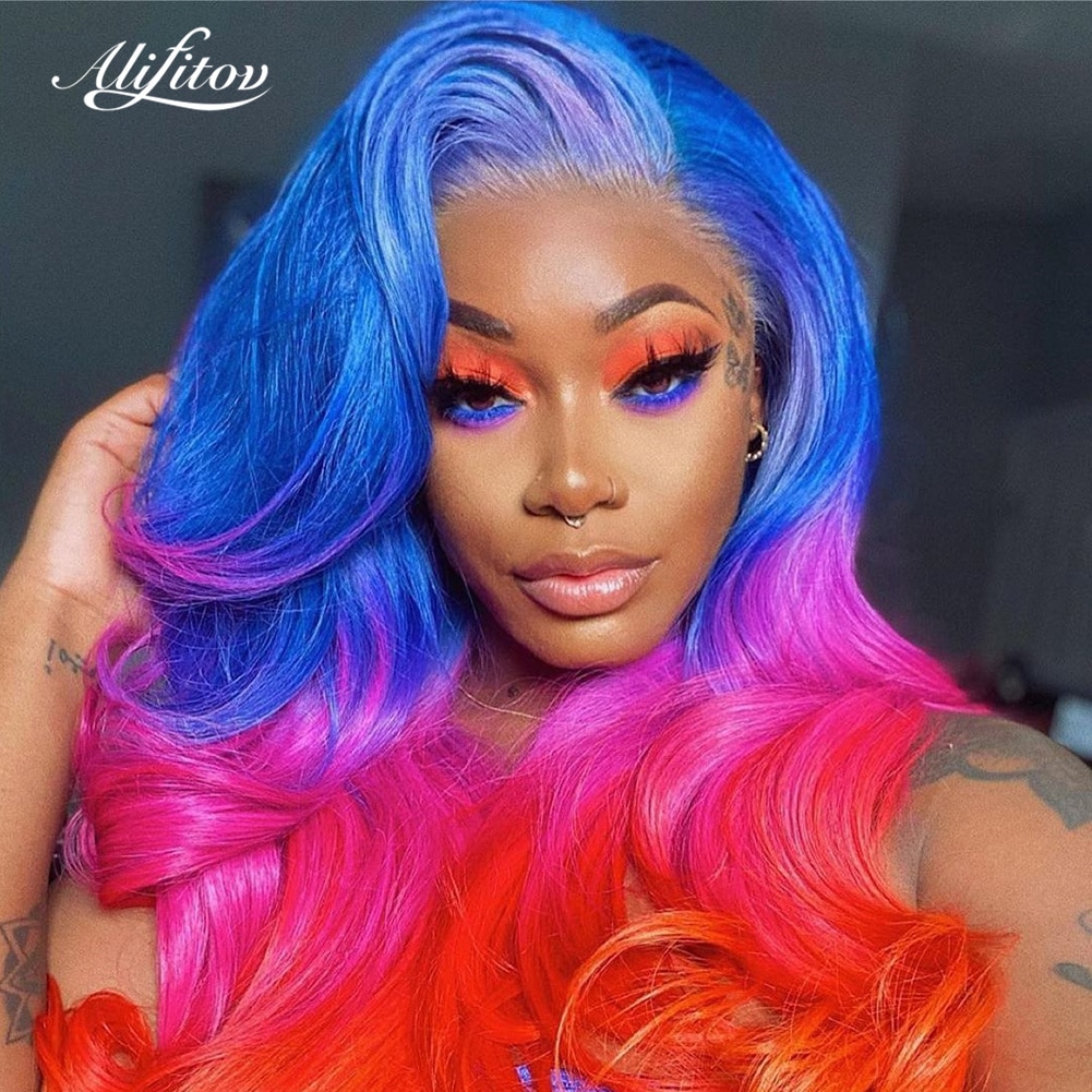 ALIFITOV Ombre Colors Lace Front Wigs Purple Pink Yellow Straight Wig Pre-Plucked Remy Hair Long Human Hair Wigs With Baby Hair