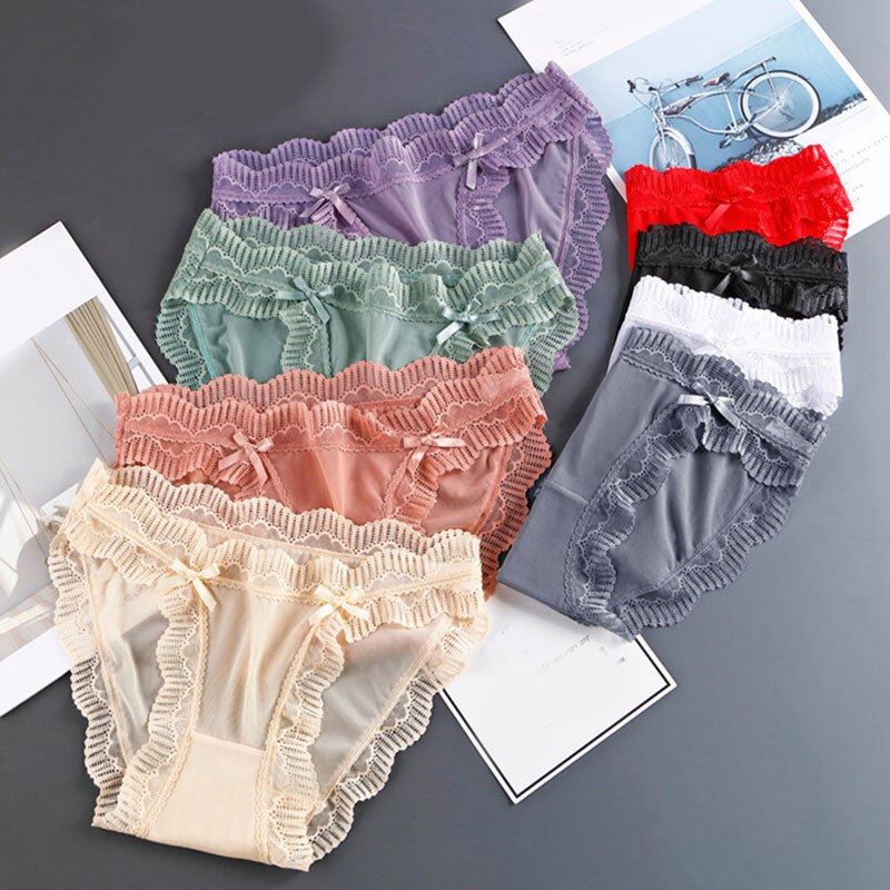 Lady Solid Color Lace Lingerie Briefs Comfort Breathable Underwear Women Soft Underpants Sexy Transparent Intimate Briefs