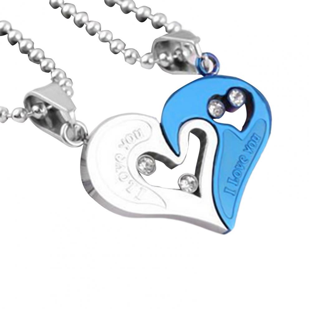 2Pcs Heart Pendant Necklace Simple Titanium Steel Love Rhinestone Couple Clavicle Necklace Valentine Day Pendants