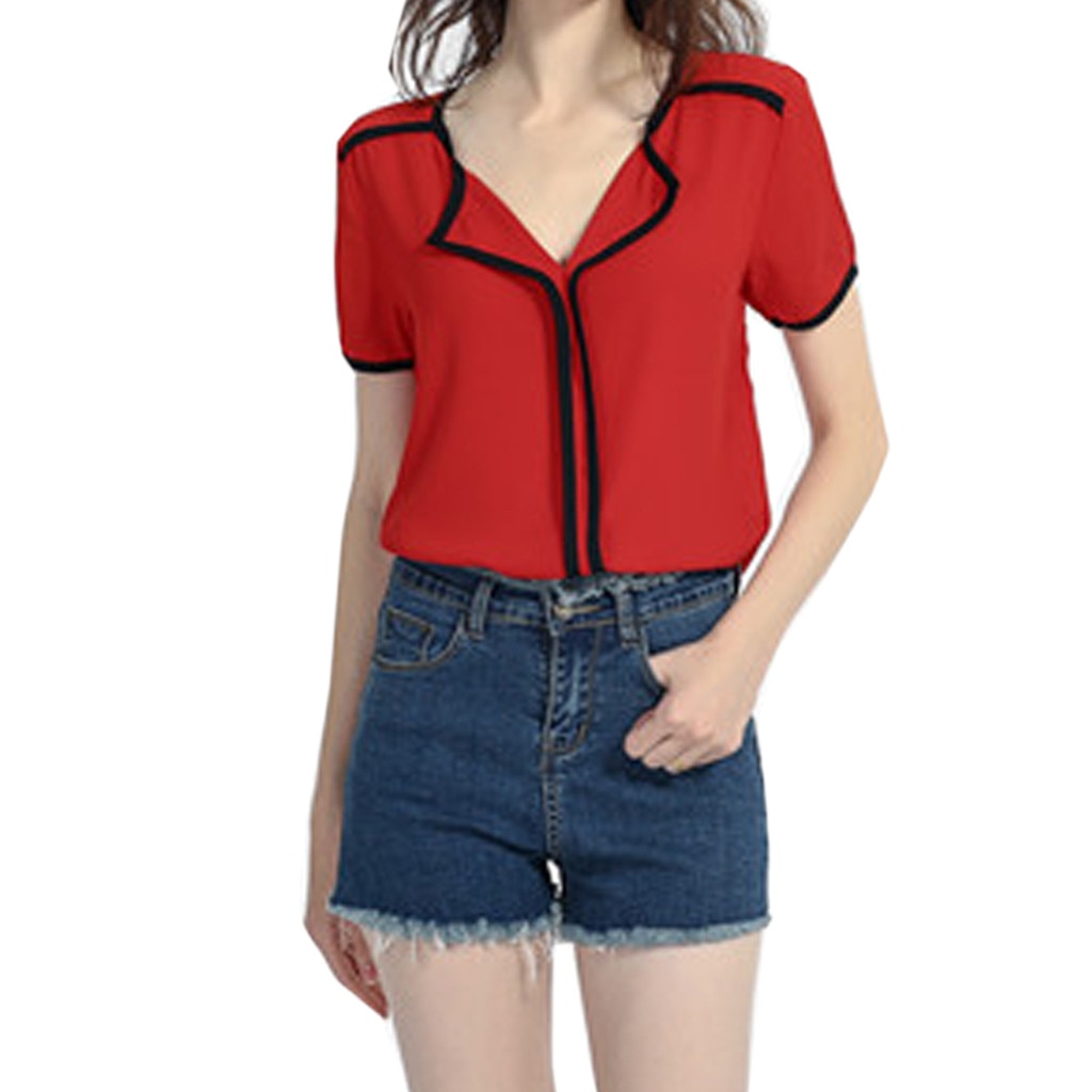 Women's Casual Solid Tops Short Sleeves V-neck New Style Fresh Sweet Chiffon Loose Shirt Blouse