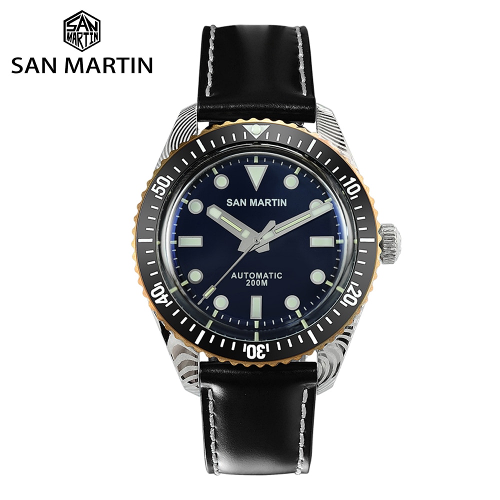 San Martin Damascus Steel Watch Men Automatic Luxury Watch Sapphire Rotating Bezel SW200 Genuine Horse Leather Luminous Watches