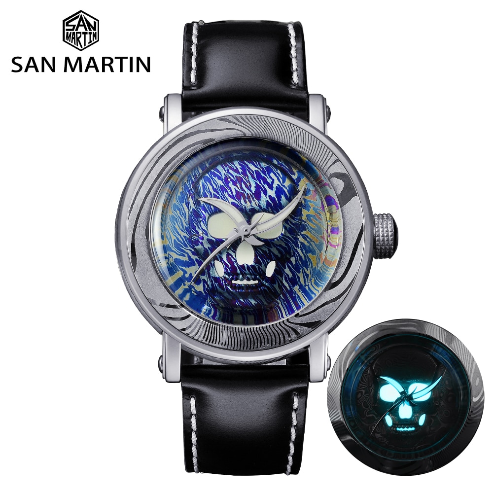 San Martin Diver SW200 Men Automatic Mechanical Watch Skeleton Case Back Leather Luminous Luxury Limited Skull Damascus Steel