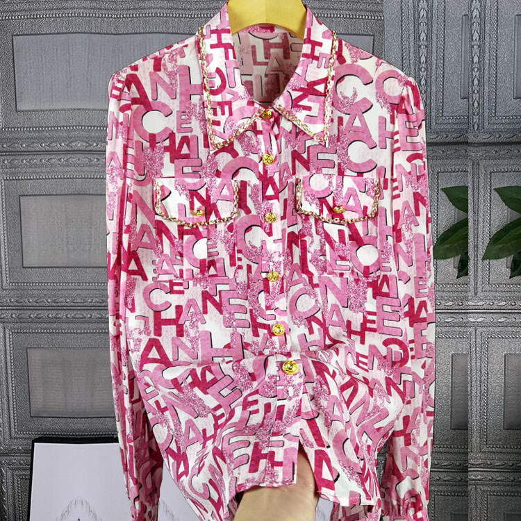 High-end large letter printing chain shirt silk mulberry silk women women shirts shirts plaid shirt plaid shirt women