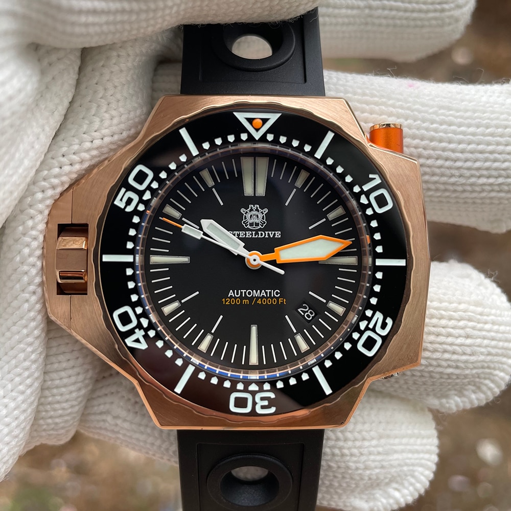 Steeldive SD1969S Bronze Wacth Men Automatic Luxury Bi-Direction NH35 120Clicks Ceramic Bezel Diving BGW9 Blue Luminous Watches