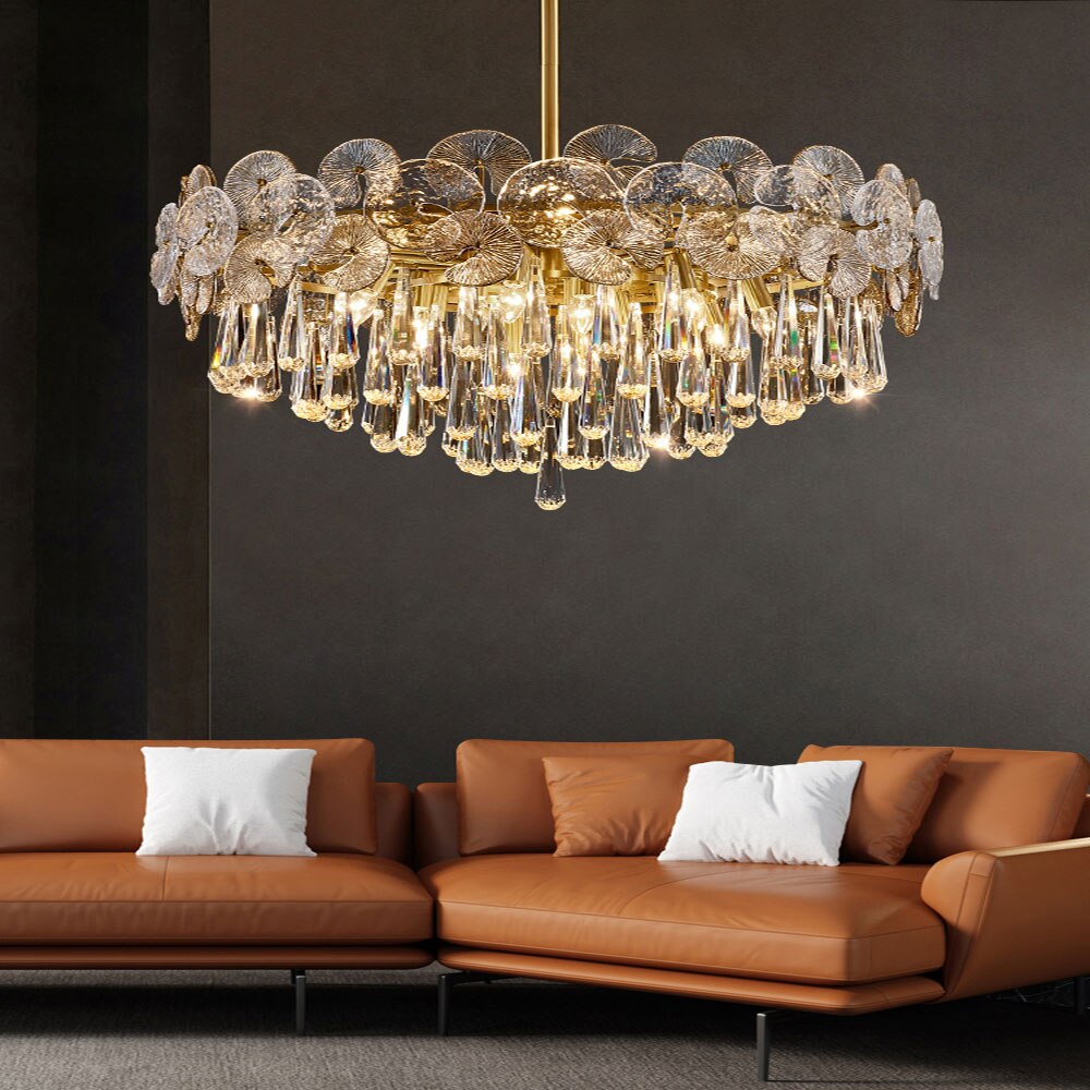 Luxury Led Crystal Pendant Lights Copper Color Pendant Lights Living Room Bedroom Restaurant Hotel Lobby Decorative Lighting