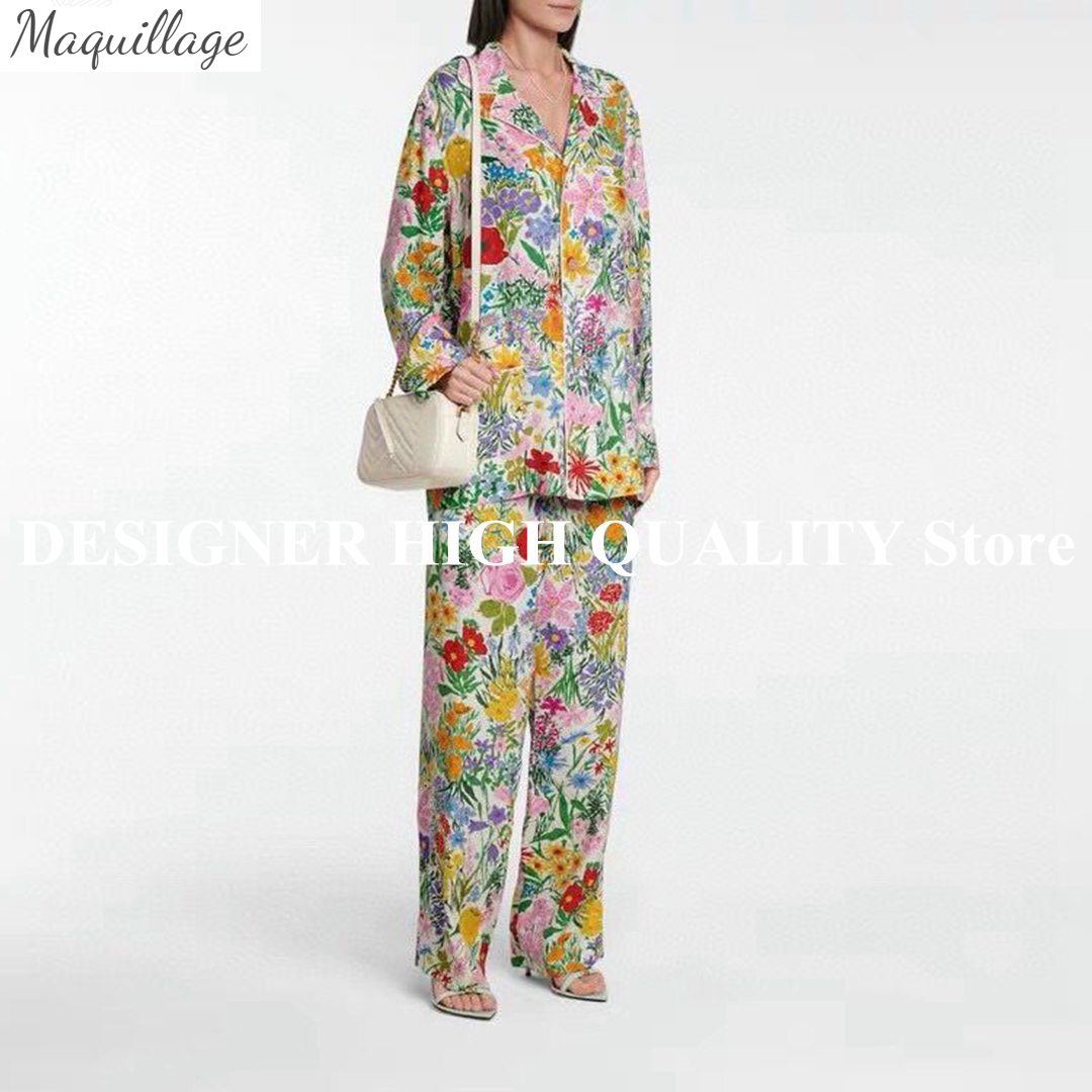 2021 New 2 Piece Set Women Pajama Suits Floral Print Lapel Long Sleeve Loose Shirt Blouse With Wide Leg Pants Suit Retro Pajamas