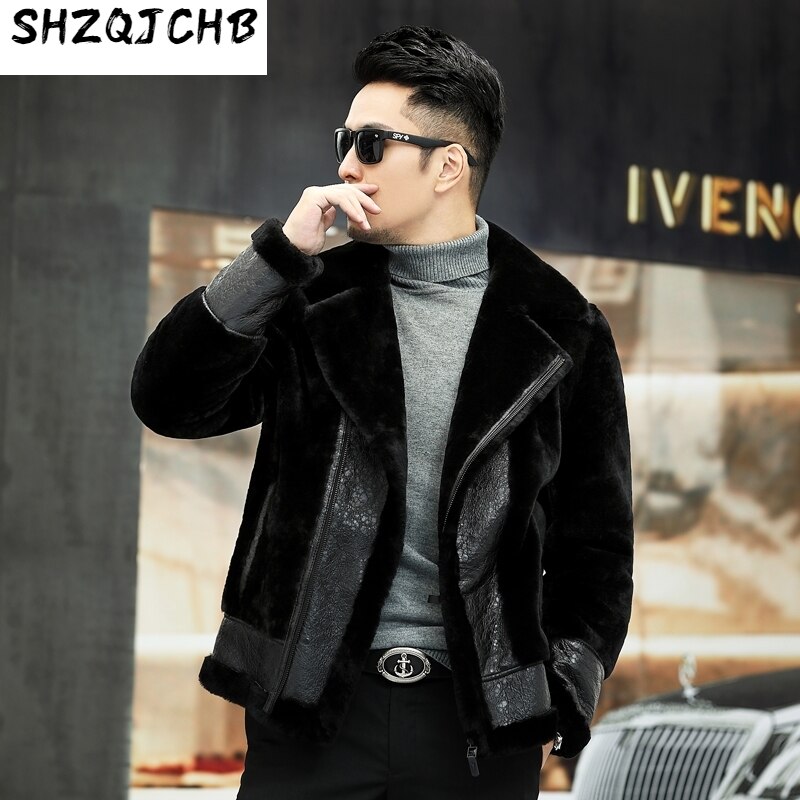 JCHB 2021 Natural Fur Coat Men Sheep Shearling Autumn Winter Leather Jacket Motorcycle Mens Jackets Plus Size 5xl Hommes Veste P