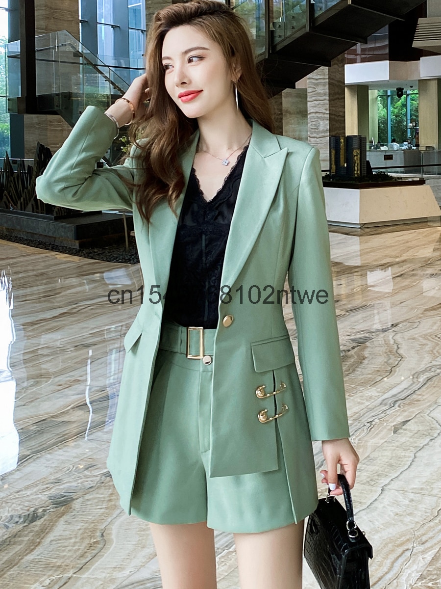 Mint green suit women's mid long 2021 autumn new asymmetric suit single piece metal pin coat 20981