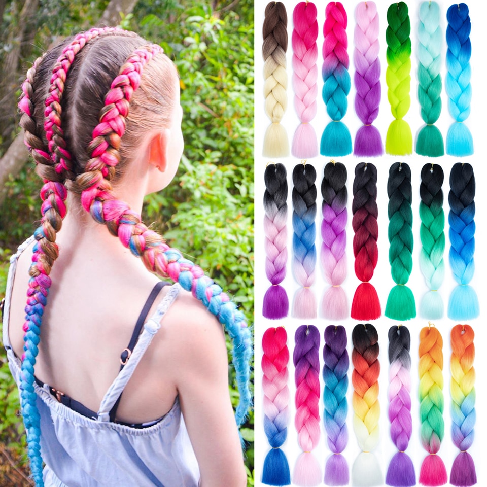 100g/pc 24Inch Green/Gray/Purple/Blue/Black Braids Hair Jumbo Hair For Braid Ombre Braiding Hair Extensions Synthetic Jumbo Brai