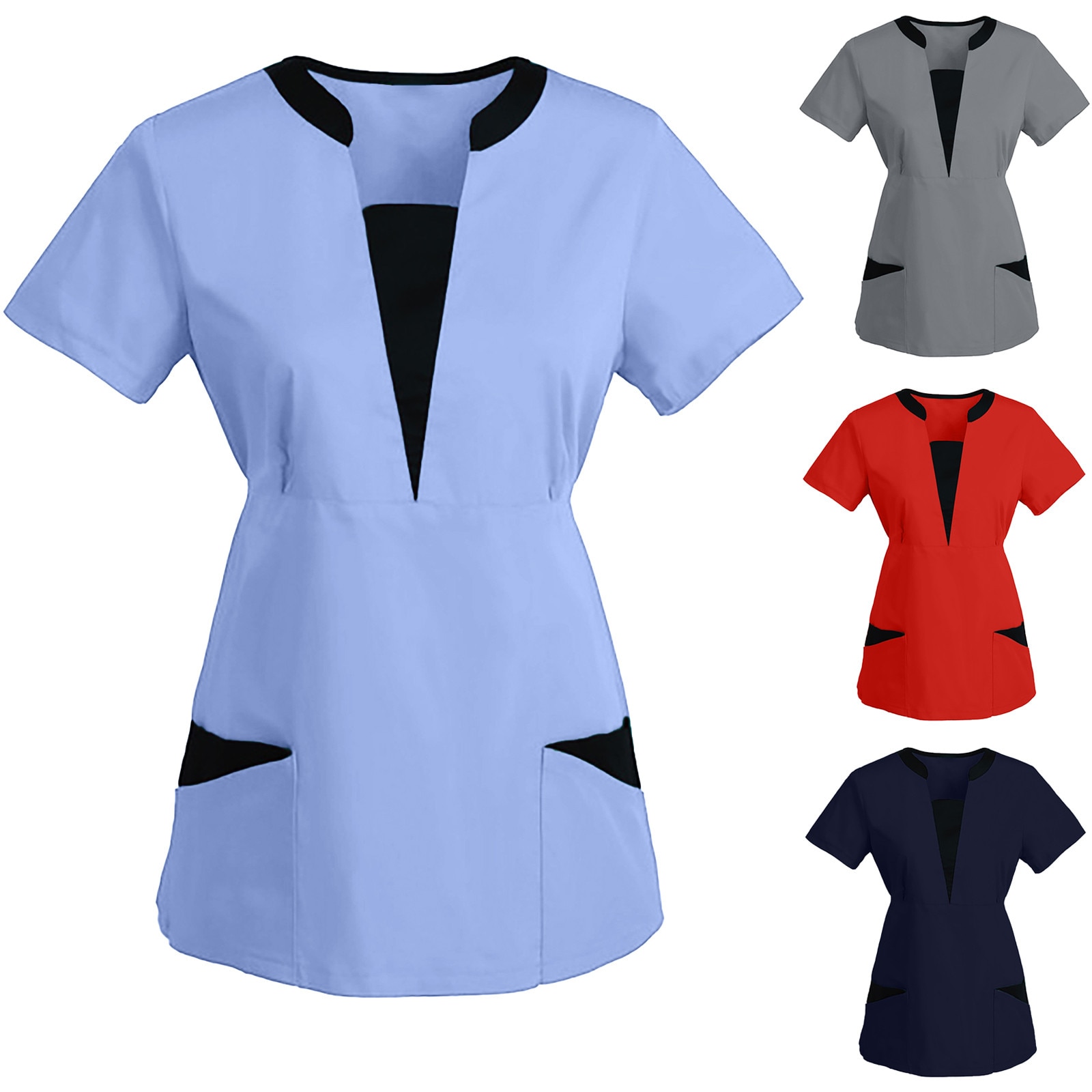 Women Short Sleeve V-neck Tops Work Uniform Solid Patchwork Color Pocket Blouse Camisas De Mujer Top Femme Рубашка Женская 2021