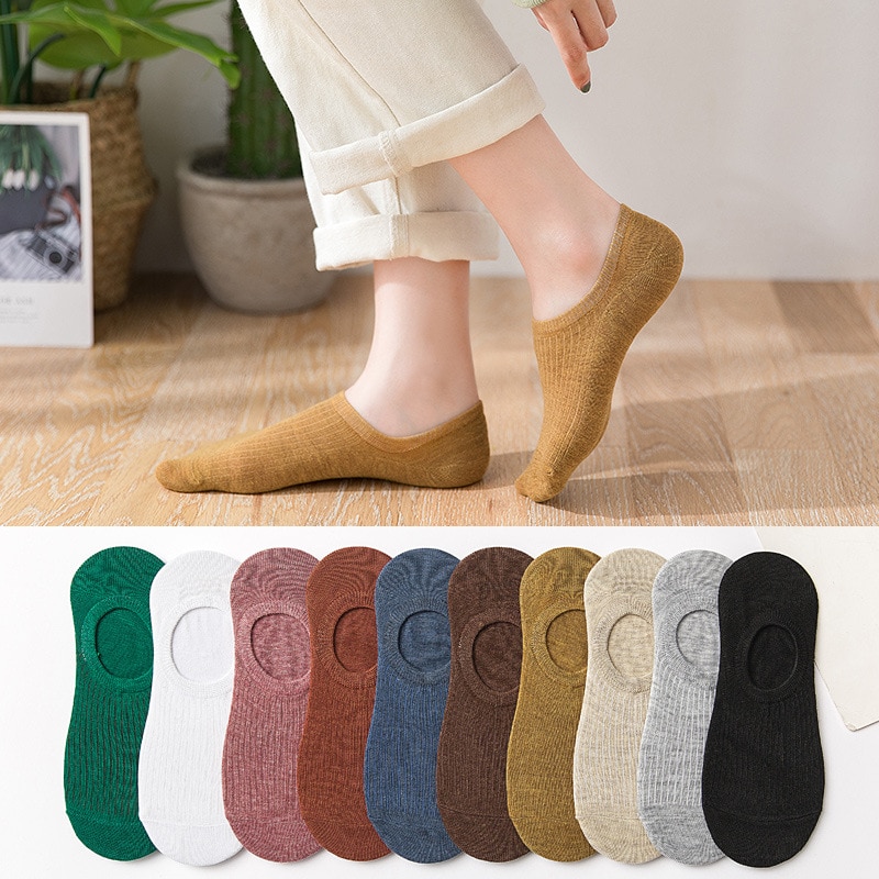 1pairs Women's Cotton Invisible No Show Socks Non-slip Silicone Sock Spring Summer Solid Color Felmen Slipper Socks