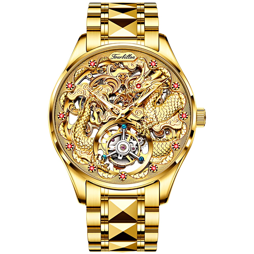 OUPINKE Real Tourbillon Mechanical Hollow Watch Gold Sapphire Glass Watch Rotating Manual Winding Business Men's Watch 3176