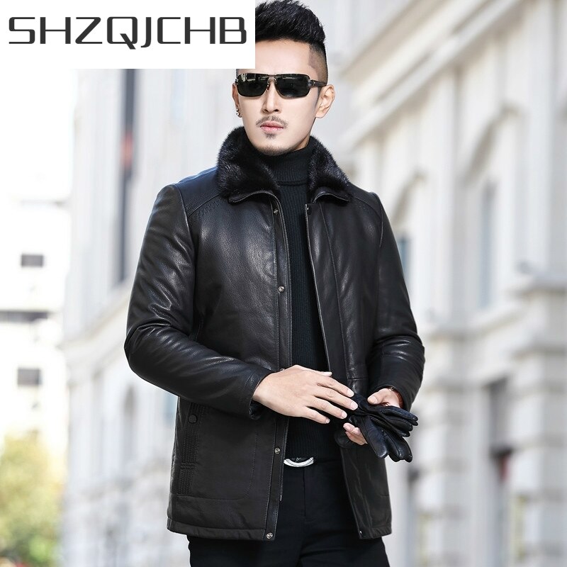 JCHB 2021 Men Coat Real Fur Genuine Leather Jacket Men Goatskin Natural Mink Fur Coat Winter Coat for Mens Clothing Casaco A19DN