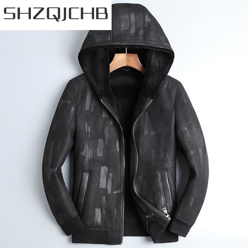 JCGB 2021 Real Genuine Leather Jacket Men Hooded Winter Sheepskin Coat Short Wool Lining Men's Leather Jackets Blouson Cuir Hom