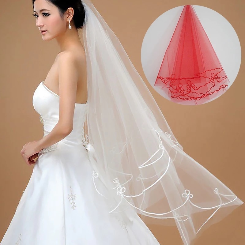 Bridal Veil Single Layer Women Short Sheer Mesh Tulle Wedding Veil White Red 2023