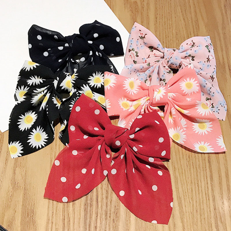 2021 New Big Bowknot Hair Clips Bow Hairpin Dot Floral Print Chiffon Butterfly Barrettes Large Duckbill Clip Headwear Accesories