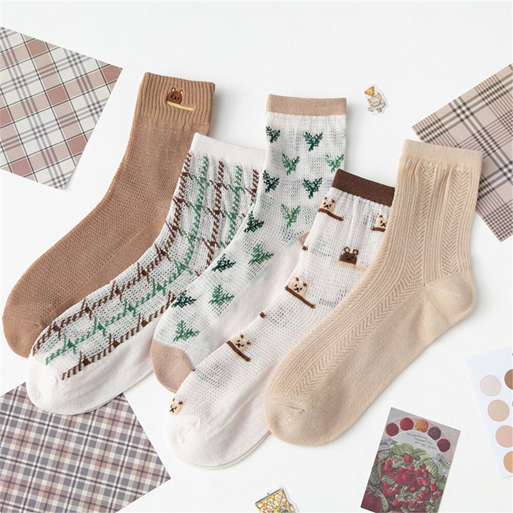 Women's Crew Socks brown, Summer Women's Cotton Breathable Socks Dress Socks Seamless Toe Crew Socks Thin Lace, Bears Printing